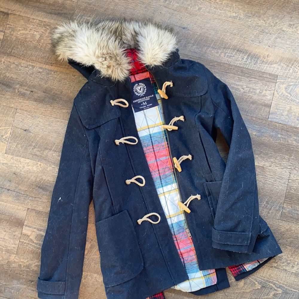 Cute navy twill coat with flannel inside